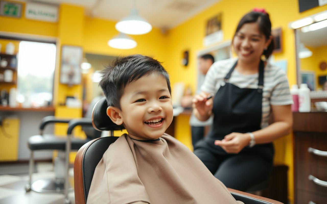 Young boy in a kid-sized barber chair
