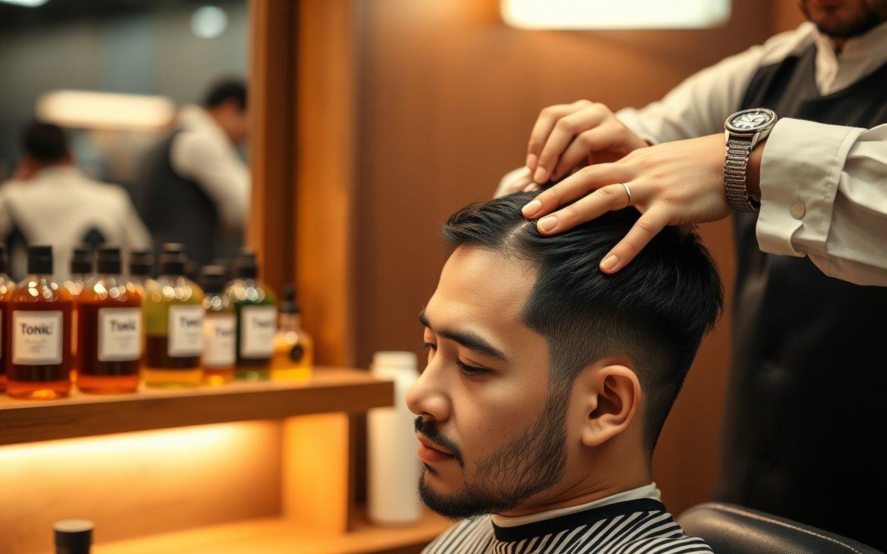 Tonic and scalp massage in a luxury barber chair