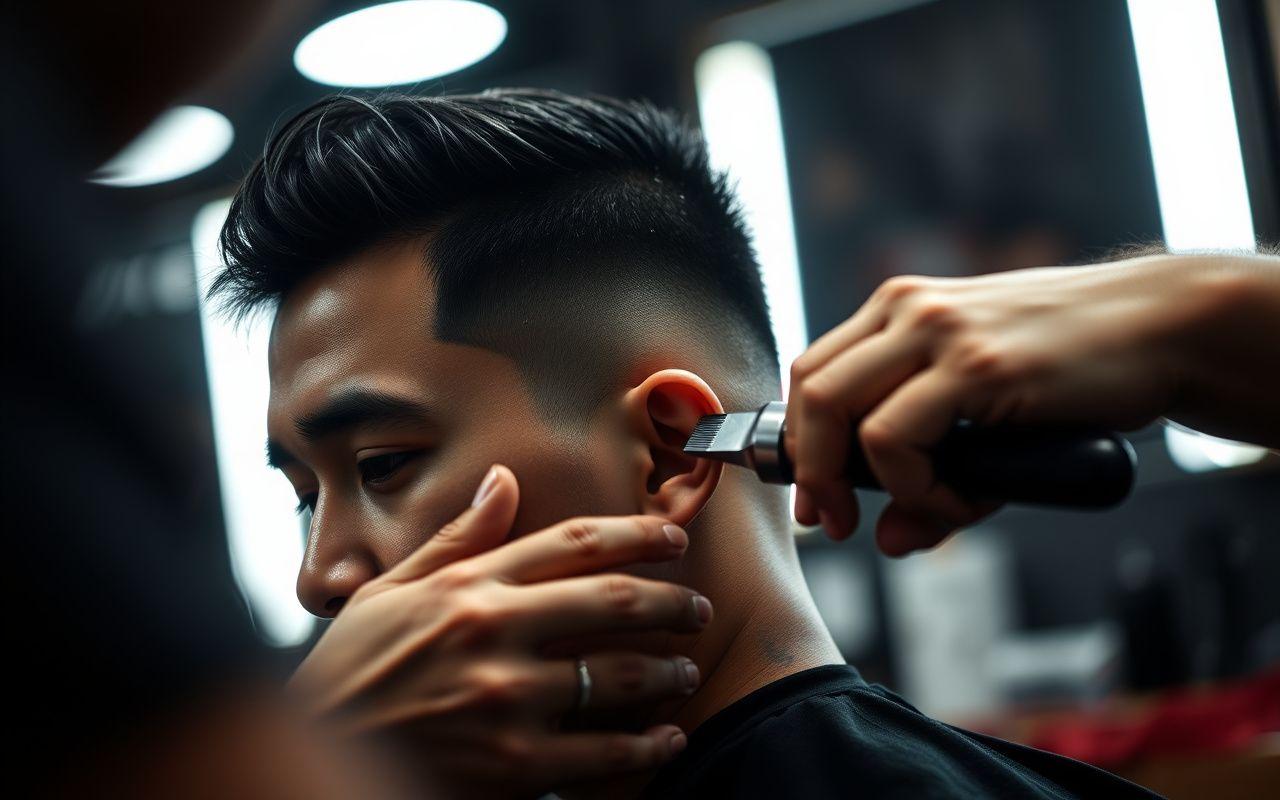 Senior barber finishing a skin fade