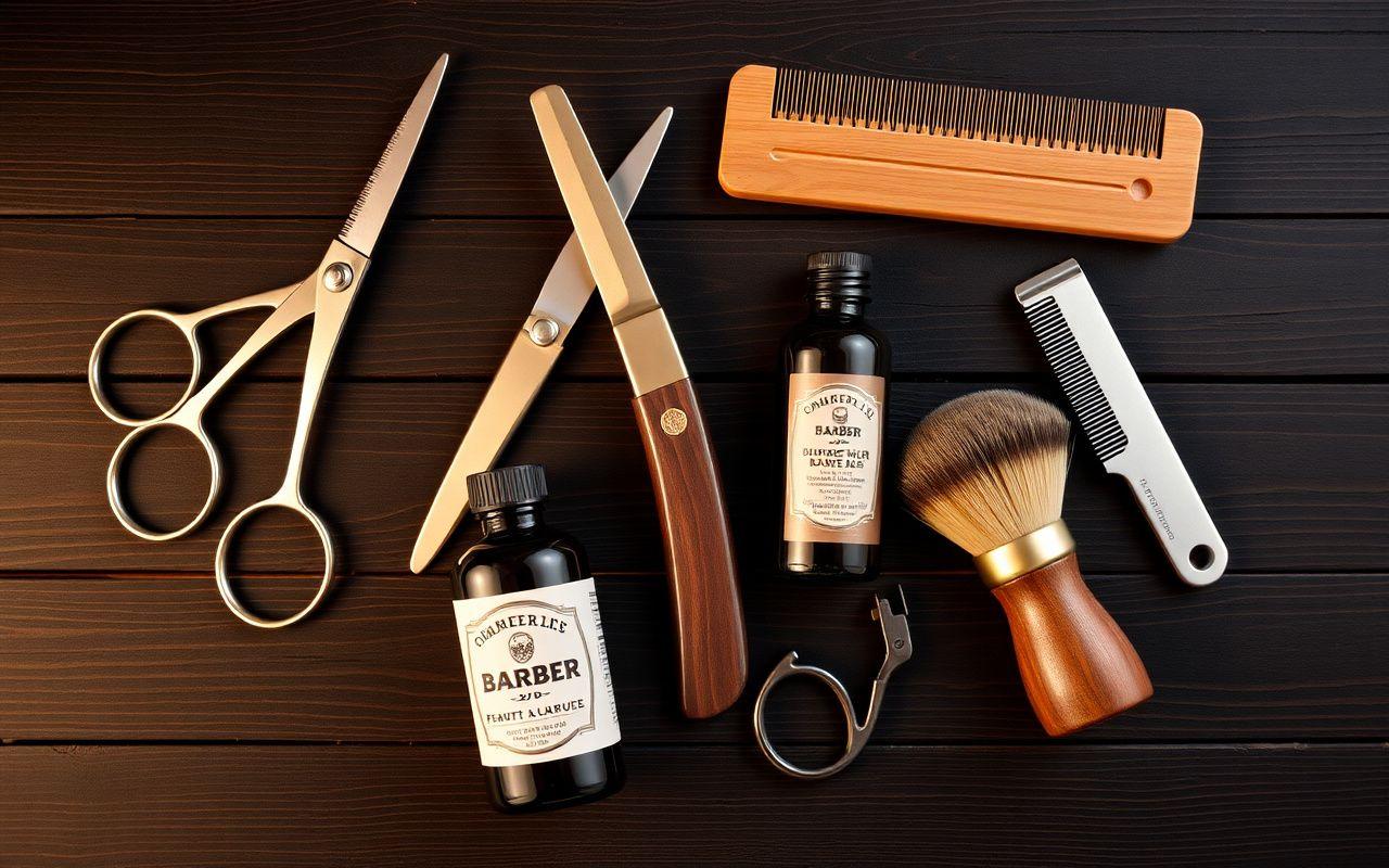 Barber tools laid out on a dark wooden bench